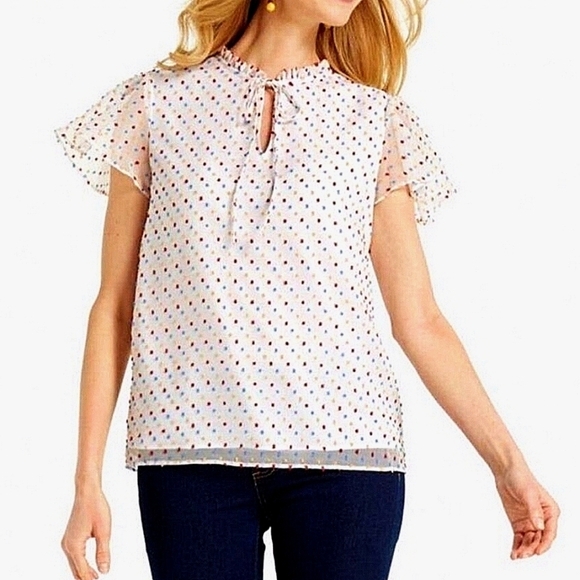 Draper James-Swiss Dot Flutter Sleeve Top in Willow White Multi-Size Large - Picture 3 of 17
